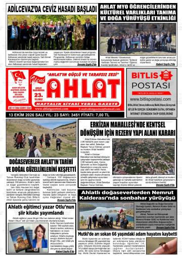 Yeni Ahlat gazetesi ilk sayfası
