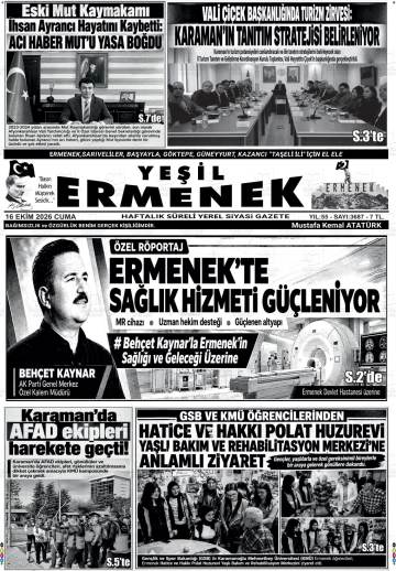 Yeşil Ermenek gazetesi ilk sayfası
