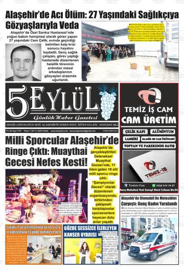 Alaşehir 5 Eylül gazetesi ilk sayfası