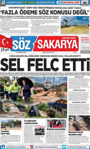 Söz Sakarya gazetesi ilk sayfası