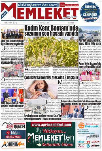 Ağrı Memleket gazetesi ilk sayfası