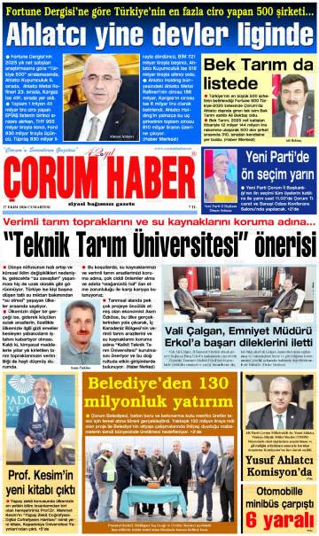 Çorum Haber gazetesi ilk sayfası