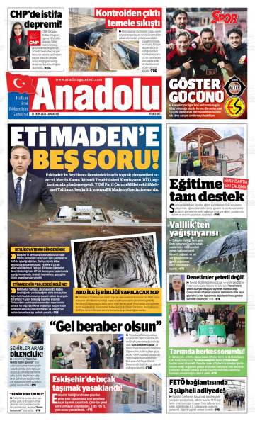 Eskişehir Anadolu gazetesi ilk sayfası