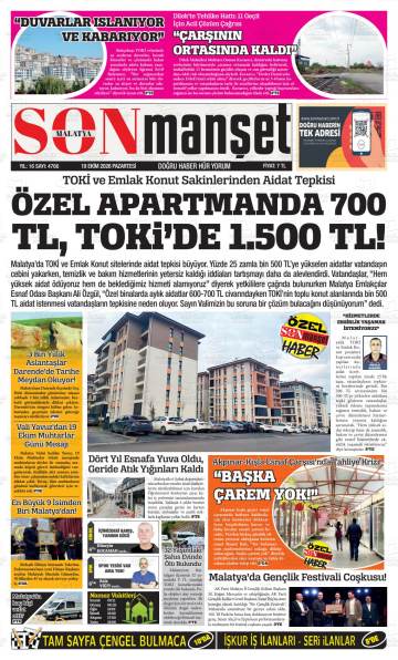 Malatya Sonmanşet gazetesi ilk sayfası
