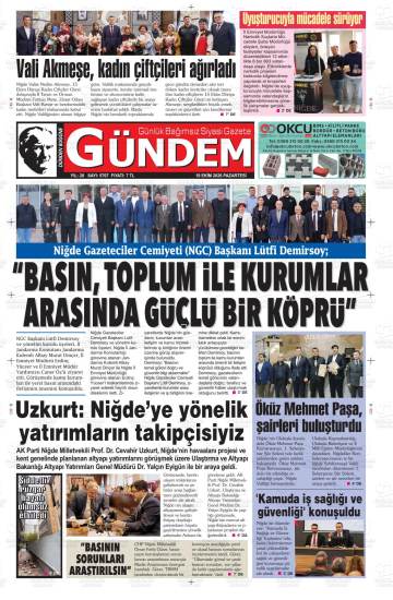 Dünden Bugüne Gündem gazetesi ilk sayfası