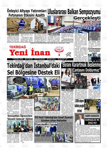 Tekirdağ Yeni İnan gazetesi ilk sayfası