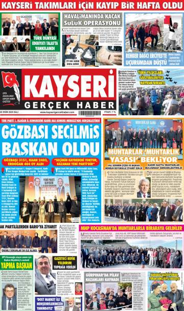 Kayseri Gerçek Haber gazetesi ilk sayfası