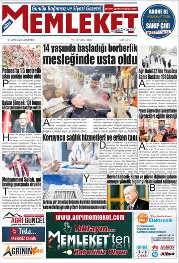 Ağrı Memleket gazetesi ilk sayfası