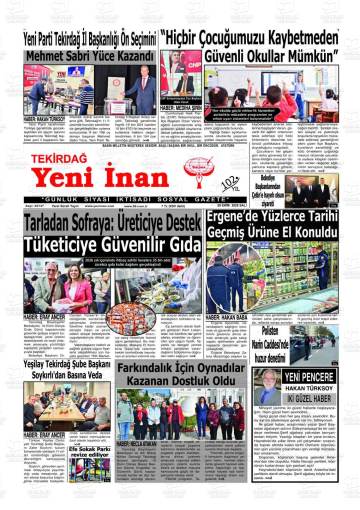 Tekirdağ Yeni İnan gazetesi ilk sayfası