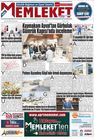 Ağrı Memleket gazetesi ilk sayfası