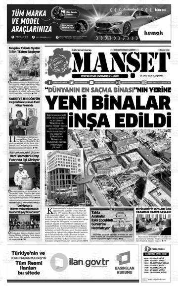 Kahramanmaraş Manşet gazetesi ilk sayfası