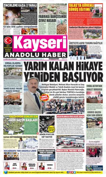 Kayseri Anadolu Haber gazetesi ilk sayfası
