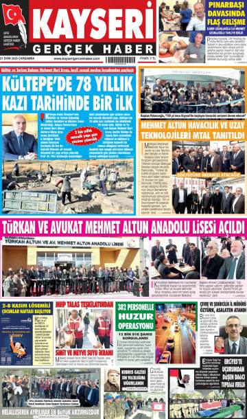 Kayseri Gerçek Haber gazetesi ilk sayfası