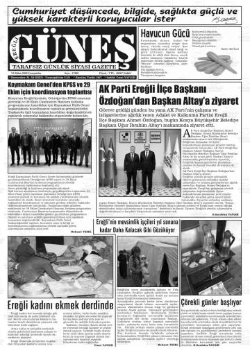 Ereğli Güneş gazetesi ilk sayfası
