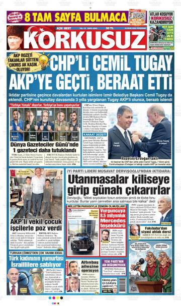 Açık Mert Korkusuz gazetesi ilk sayfası