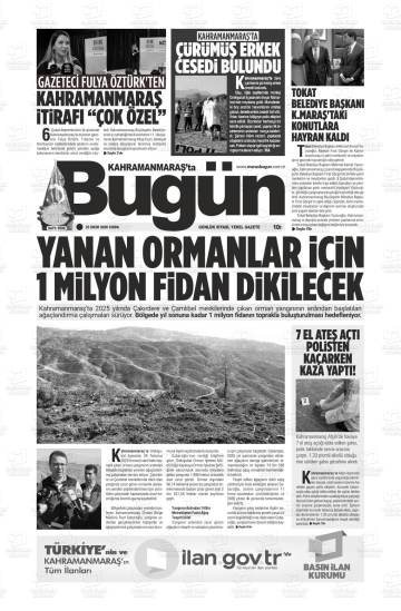 Kahramanmaraş'ta Bugün gazetesi ilk sayfası