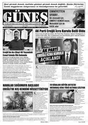 Ereğli Güneş gazetesi ilk sayfası