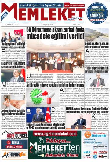 Ağrı Memleket gazetesi ilk sayfası