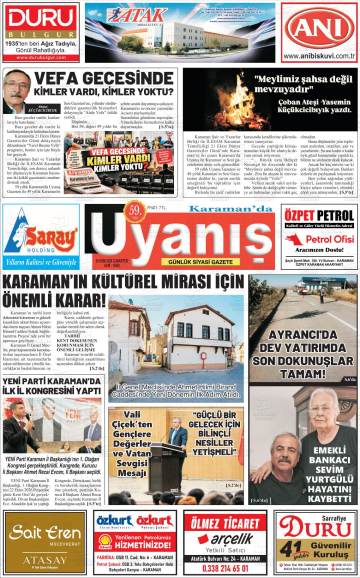 Karamanda Uyanış gazetesi ilk sayfası