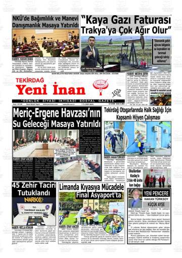 Tekirdağ Yeni İnan gazetesi ilk sayfası