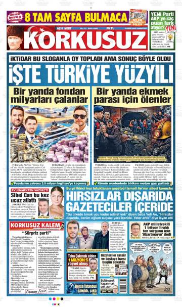 Açık Mert Korkusuz gazetesi ilk sayfası
