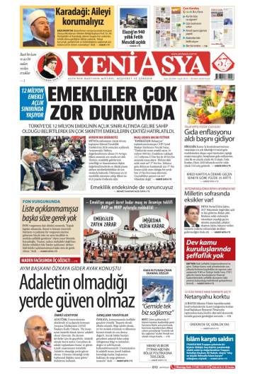 Yeni Asya gazetesi ilk sayfası