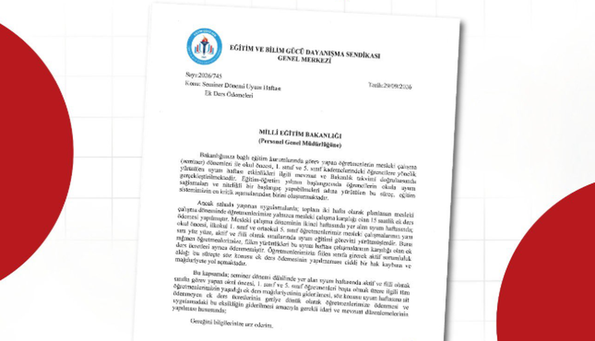Eğitim Gücü Sen, uyum haftası ek dersleri için MEB'e geriye dönük ödeme istedi