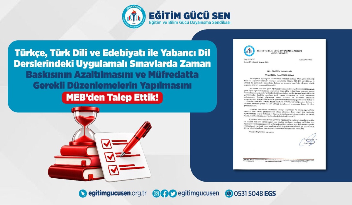 Eğitim Gücü Sen, uygulamalı sınavlarda zaman baskısını azaltmak için MEB'e başvurdu