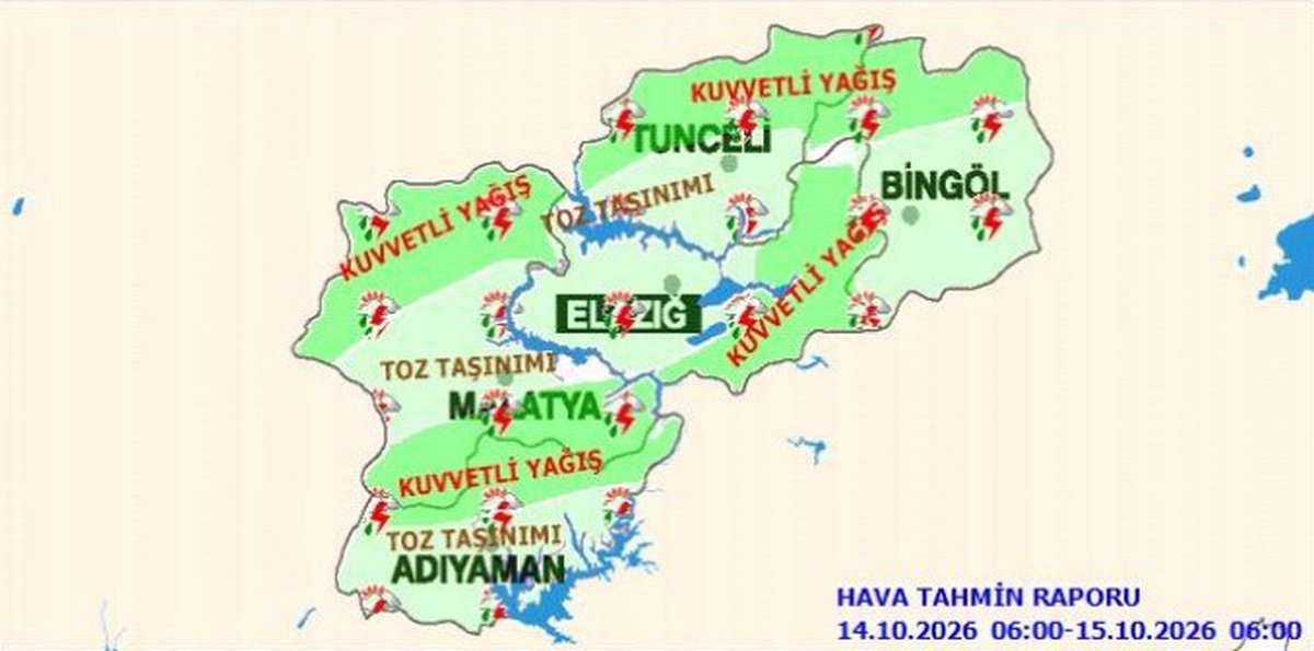 Meteoroloji 13. Bölge, Elazığ için kuvvetli yağış ve toz taşınımı uyarısı yaptı