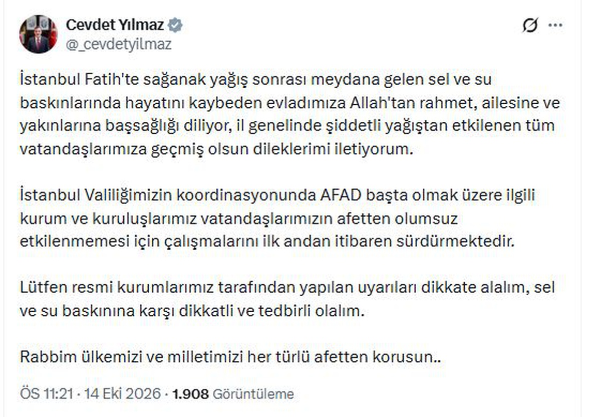 Cumhurbaşkanı Yardımcısı Yılmaz, Fatih'teki selde ölen kişi için başsağlığı diledi