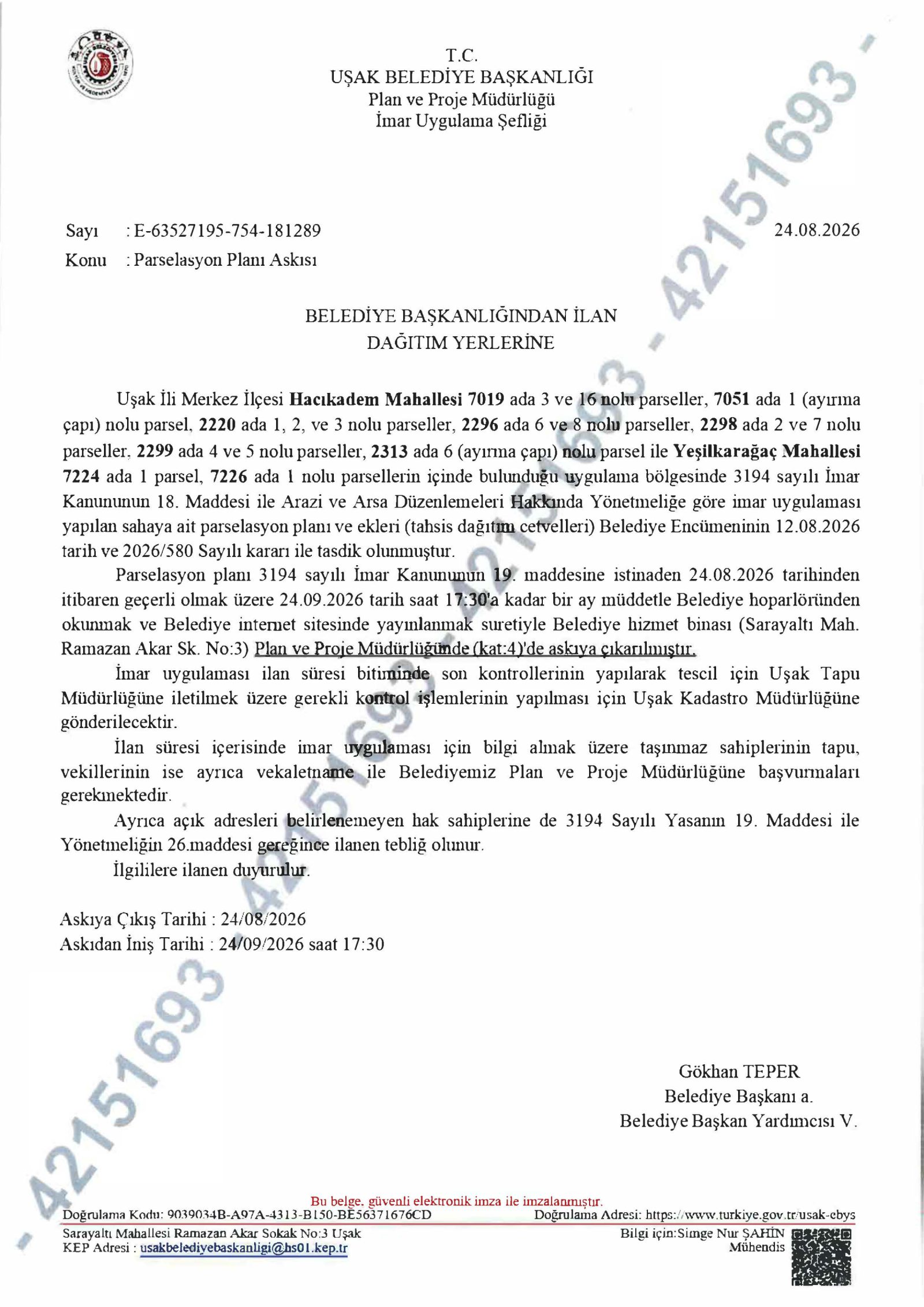 [BELEDIYE · Uşak] Hacıkadem ve Yeşilkarağaç Mahalleleri muhtelif ada ve parsellerde, 18. Madde Uygulaması Parselasyon Planı Askı İlanı | T.C. Uşak Belediye Başkanlığı