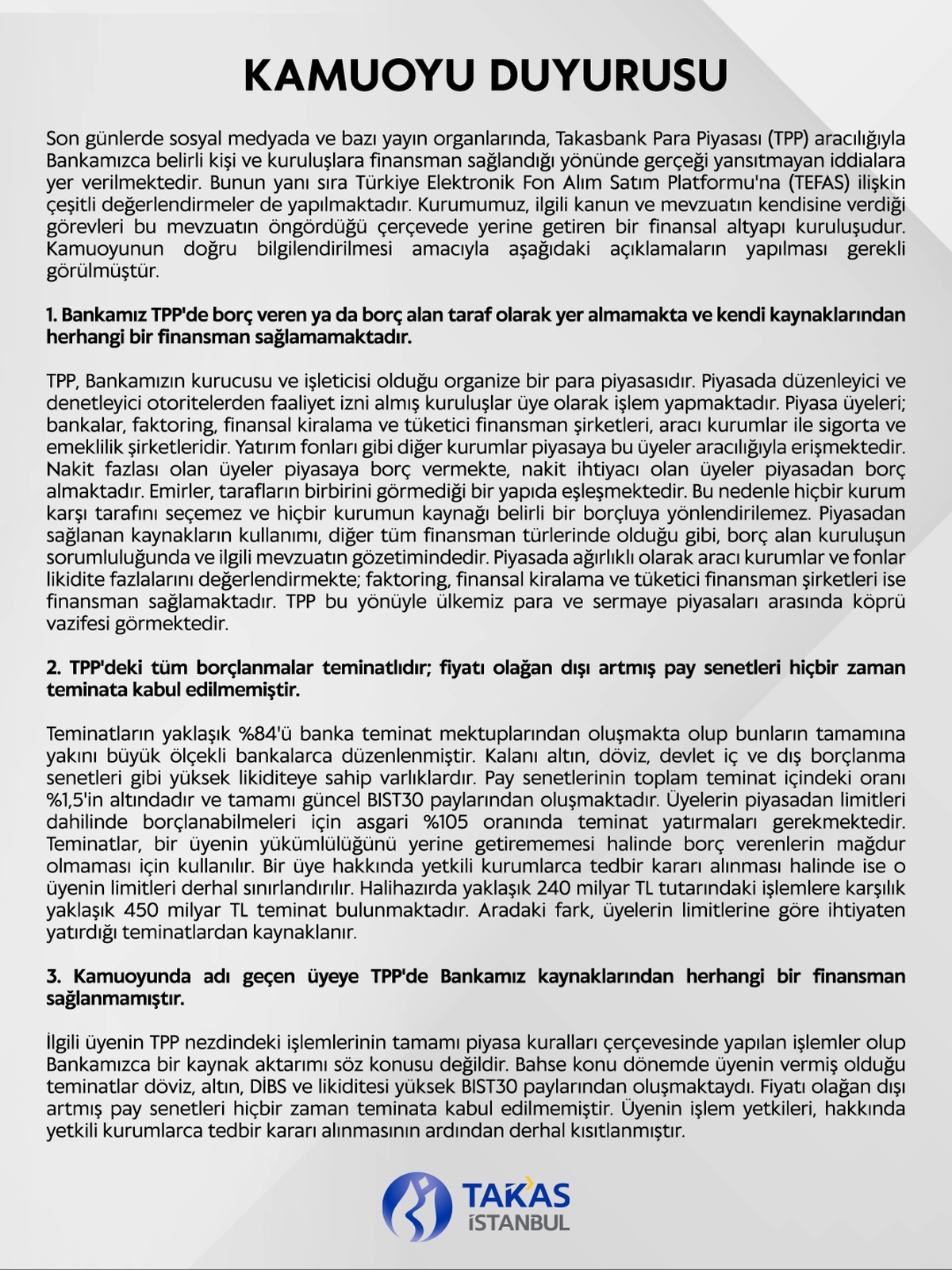 Takasbank TPP iddialarını yalanladı, yaklaşık 450 milyar TL teminat olduğunu belirtti