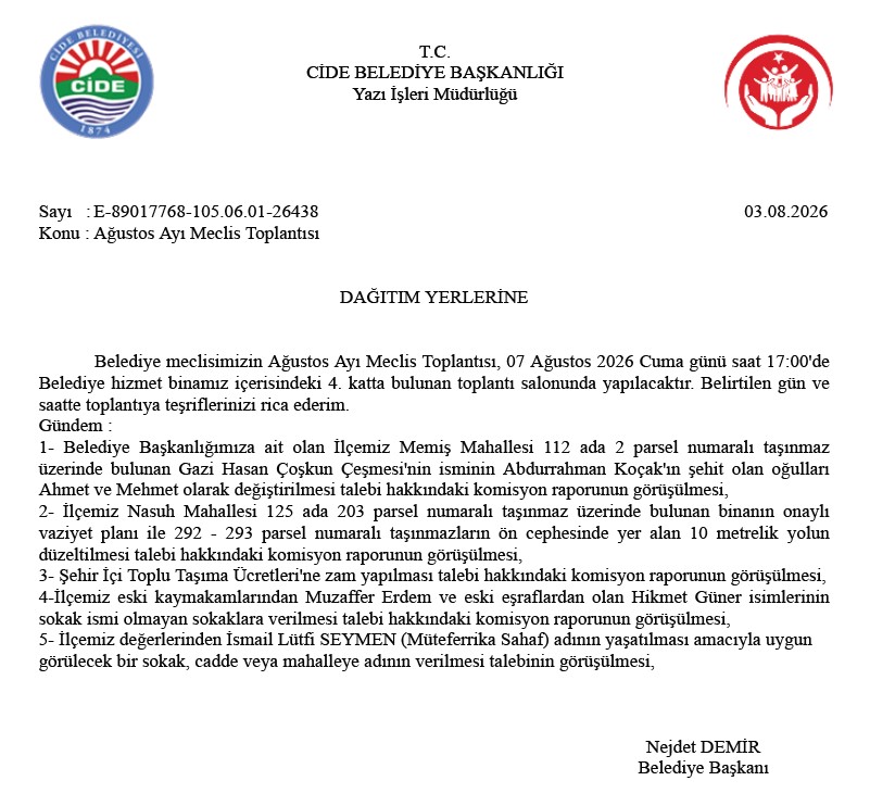 [BELEDIYE · Kastamonu · Cide] Ağustos ayı meclis toplantısı gündemi