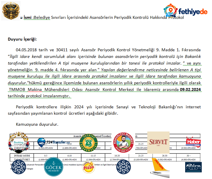 [BELEDIYE · Bilecik · Bozüyük] Beledi̇ye sinirlari i̇çeri̇si̇ndeki̇ asansörleri̇n peri̇yodi̇k kontrolü hakkinda protokol