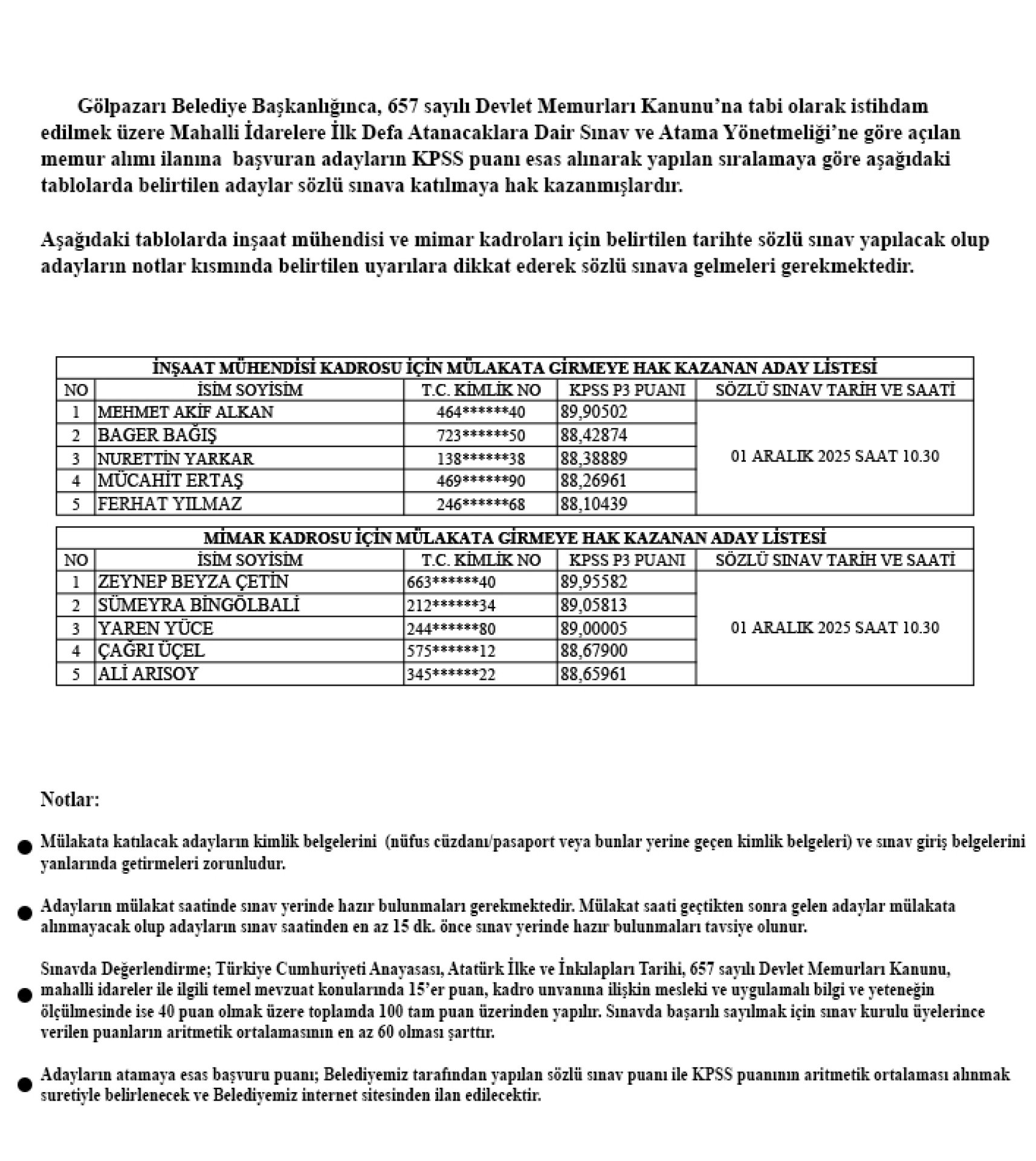 Memur Alımı Mülakat Duyurusu - Gölpazarı Belediyesir