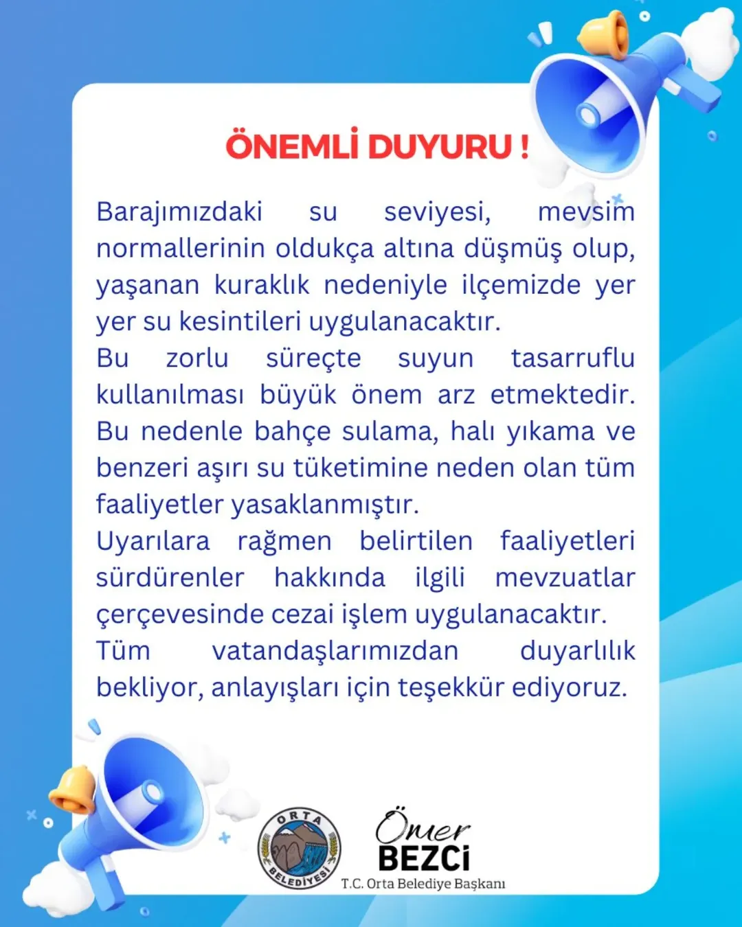 Barajimizdaki̇ su sevi̇yesi̇ i̇le i̇lgi̇li̇ önemli̇ duyuru