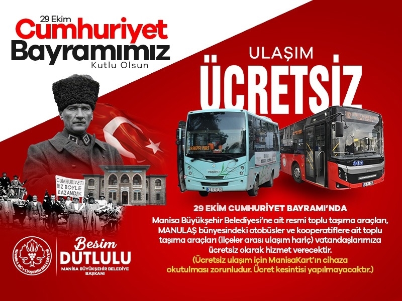 Cumhuriyet Bayramı’nda Toplu Taşıma Gün Boyu Ücretsiz Olacak
