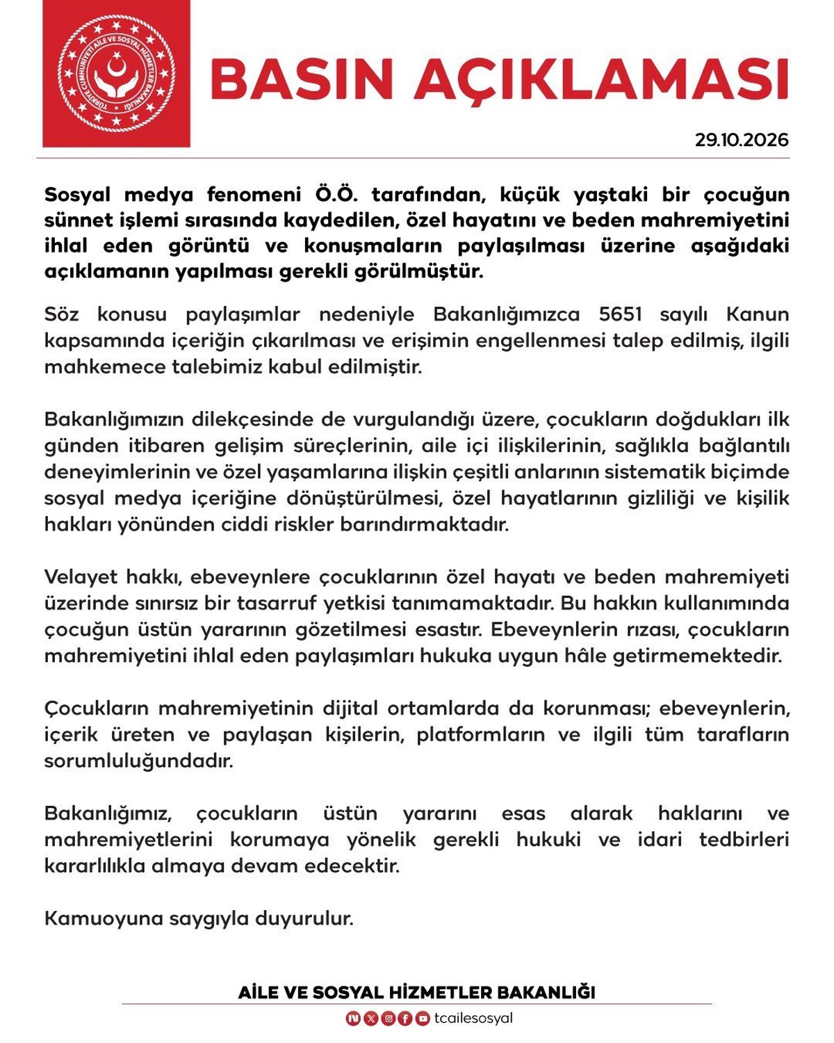 Aile ve Sosyal Hizmetler Bakanlığı sünnet görüntüsüne erişim engeli kararı aldırdı